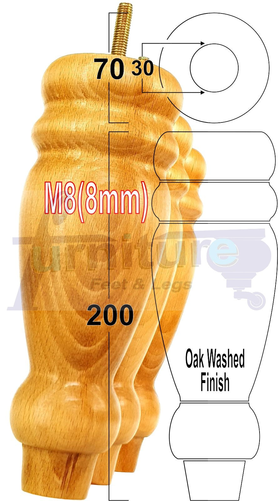 Set Of 4 Turned Furniture Legs Replacement Sofa Feet 200mm High M8 Thread