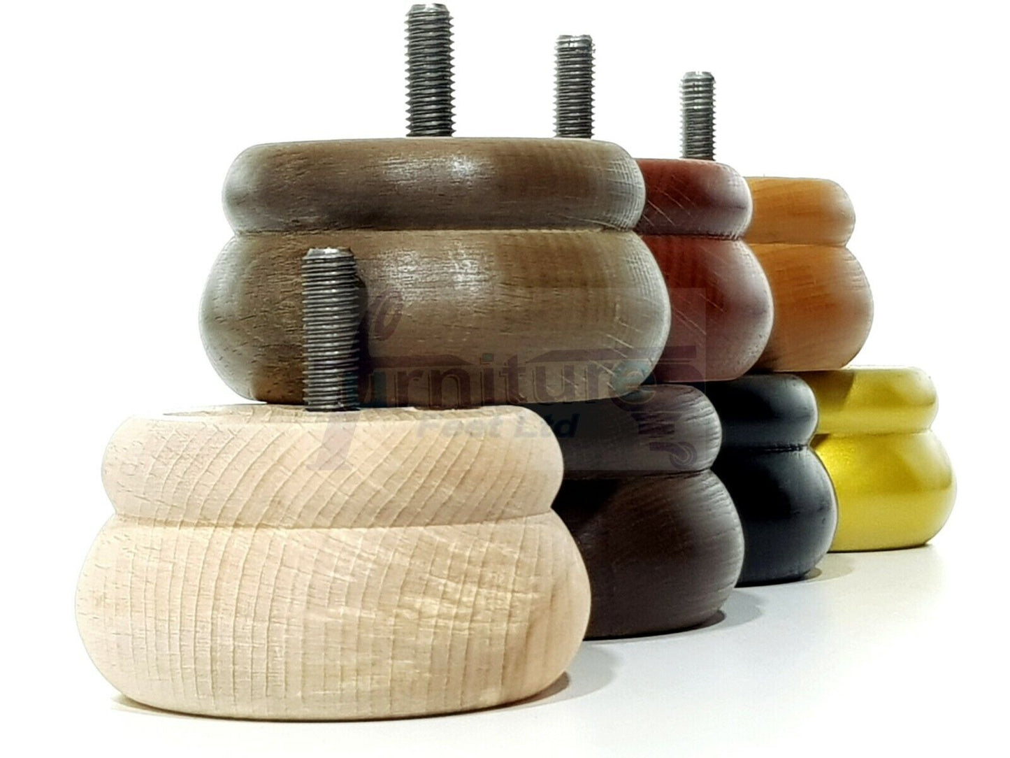 Set Of 4 Turned Wooden Furniture Legs Replacement Bun Feet 50mm High 8mm Thread