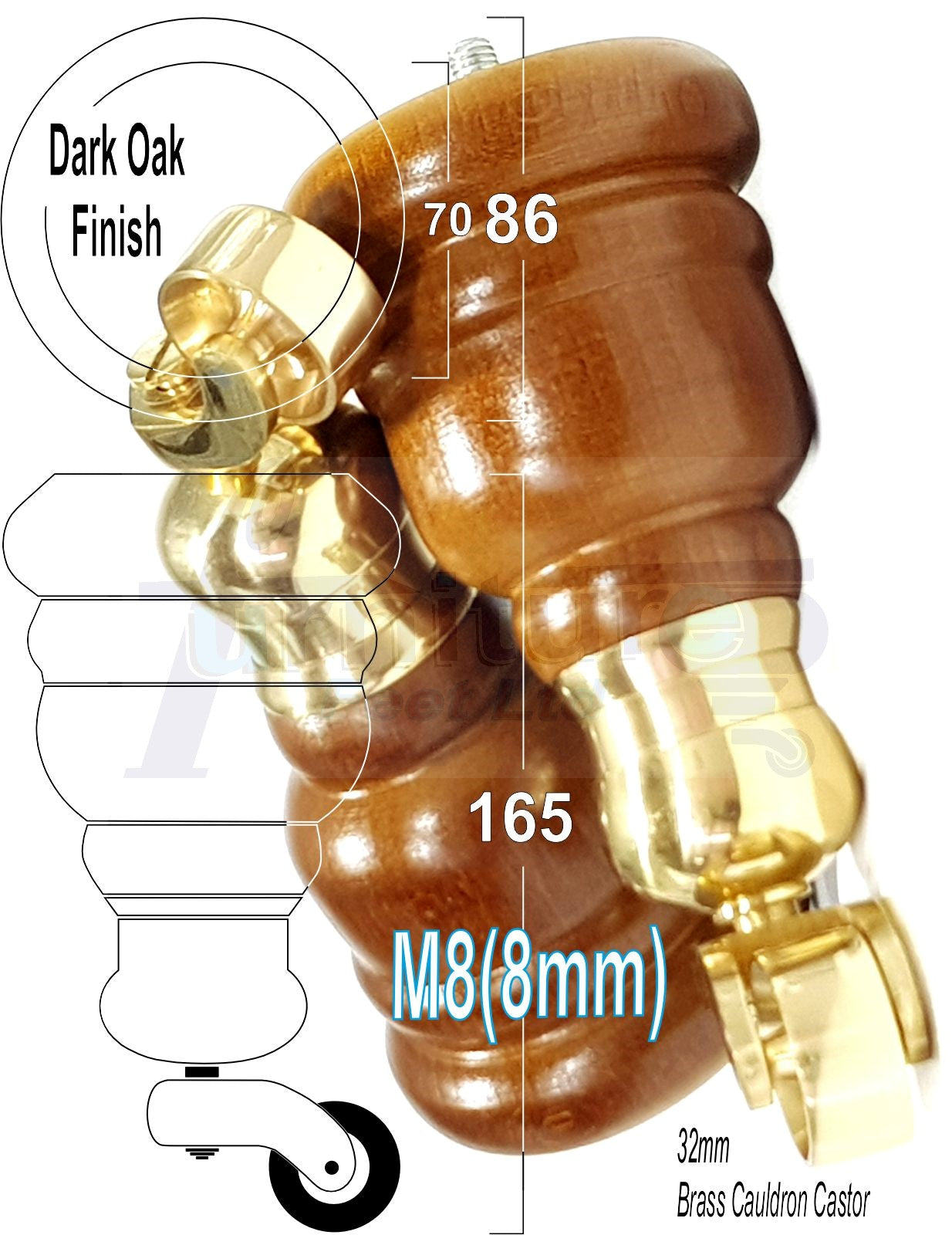 4 Turned Wood Furniture Feet With Brass Cauldron Castors 160mm Legs Sofas Chairs Stools Cabinets Beds M8 6 Inches