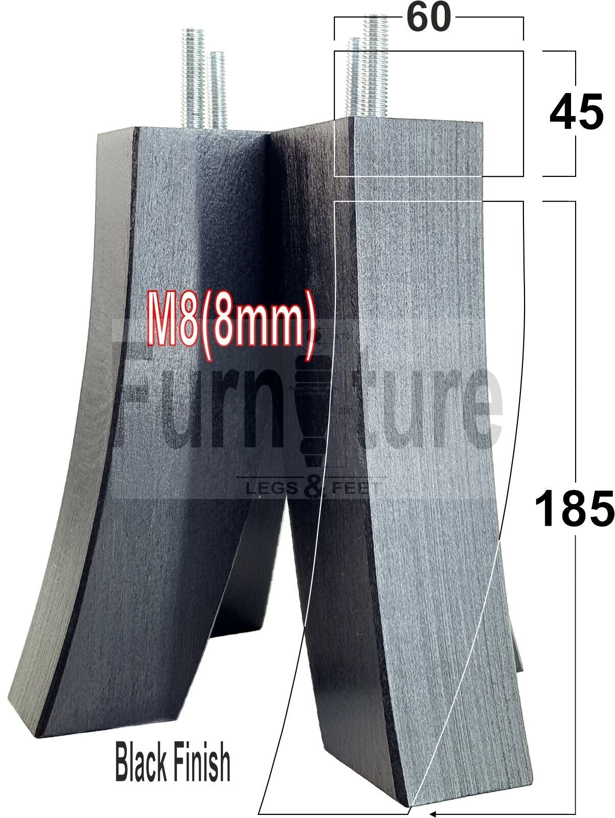 Set Of 4 Solid Wood Curved Furniture Feet Replacement Legs 185mm High M8(8mm)