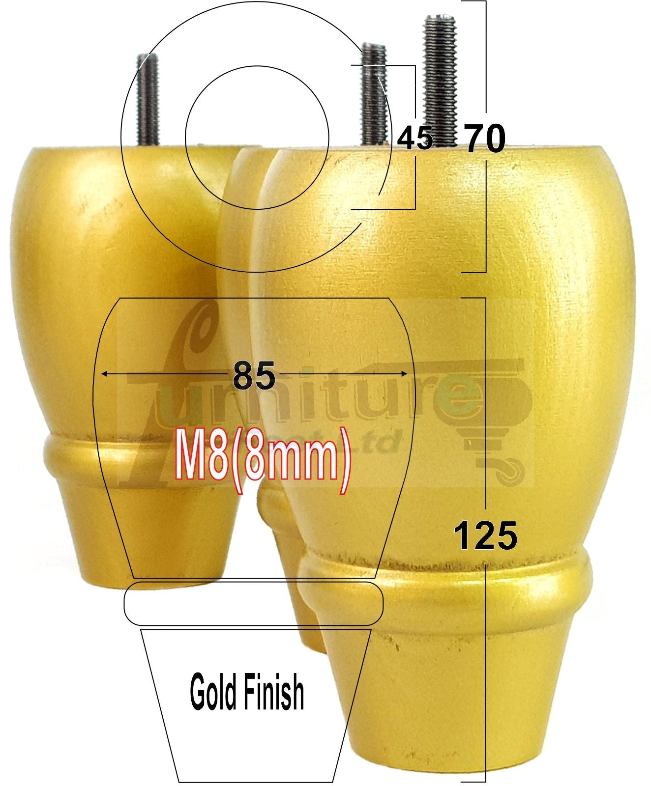 Set Of 4 Solid Wood Turned Replacement Furniture Legs 125mm High 8mm Thread