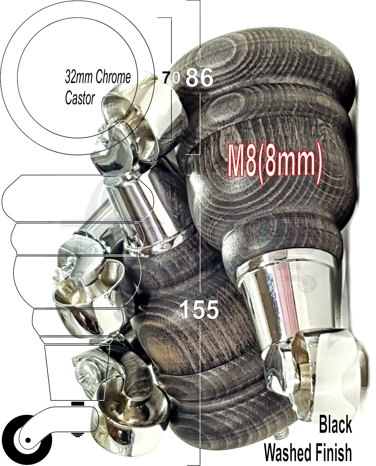4 Turned Wood Furniture Feet With Chrome Castors 155mm Legs Sofas Chairs Stools Cabinets Beds M8 6 Inches