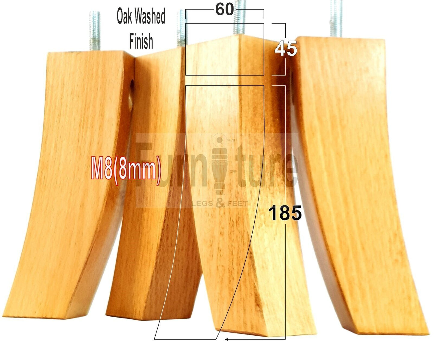 Set Of 4 Solid Wood Curved Furniture Feet Replacement Legs 185mm High M8(8mm)