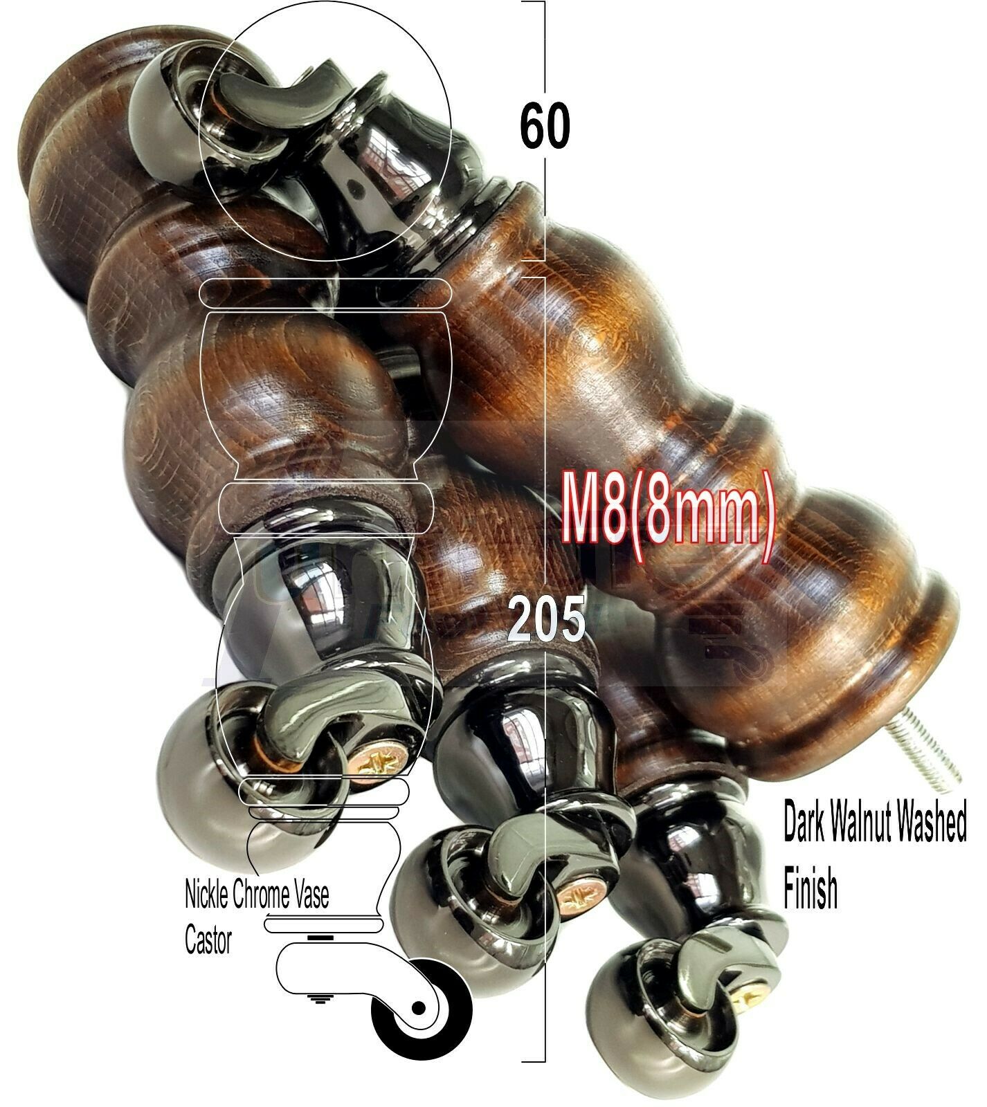 4x Furniture Feet With Castor 205mm High Legs Walnut Wood Finish M8 Sofas Chairs Stools Cabinets 8 Inches Tall