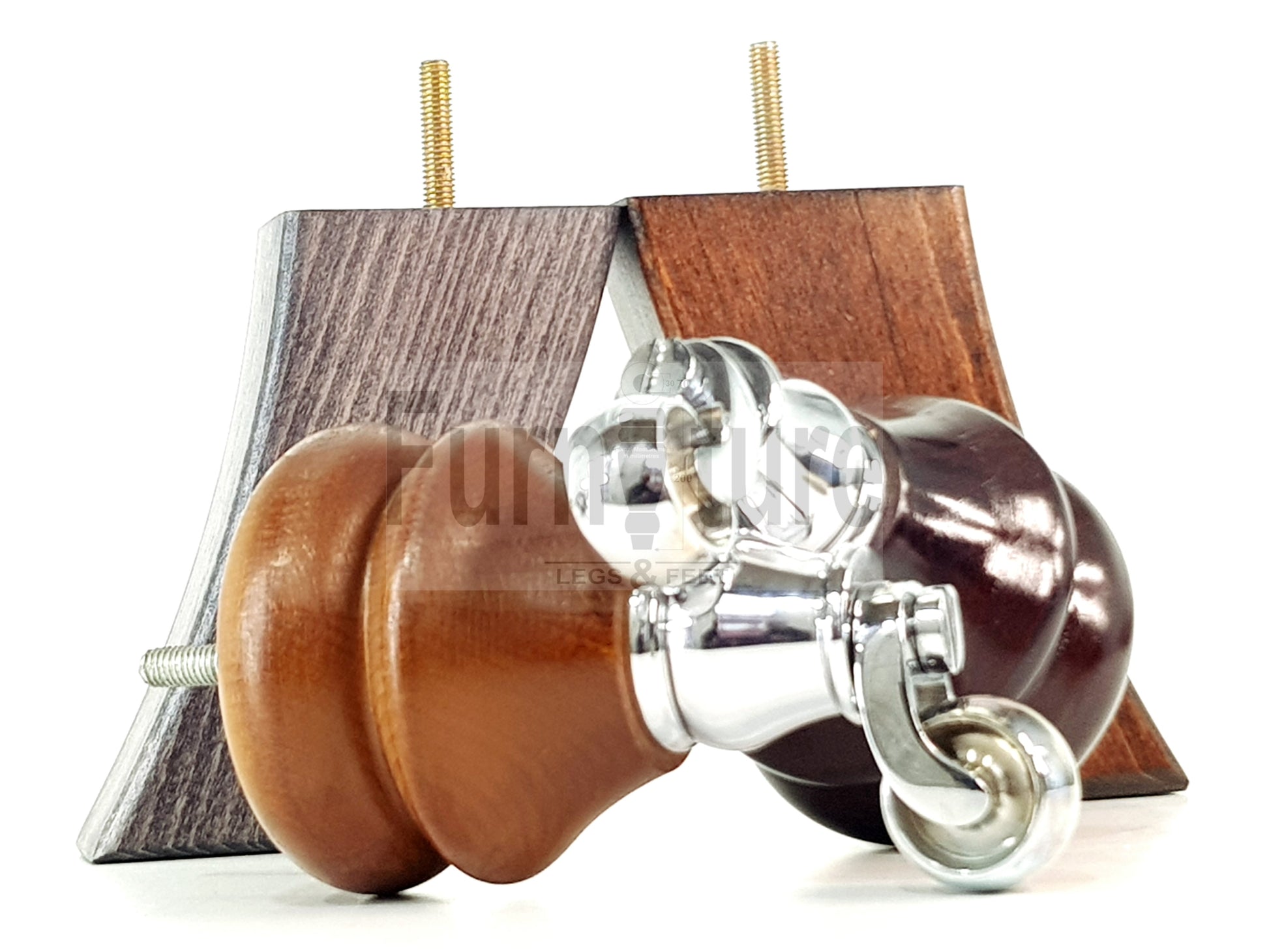 Turned Wood Furniture Feet 2 With Chrome Castors 140mm & 2 Curved Back Legs Sofas Chairs Cabinets Beds M8