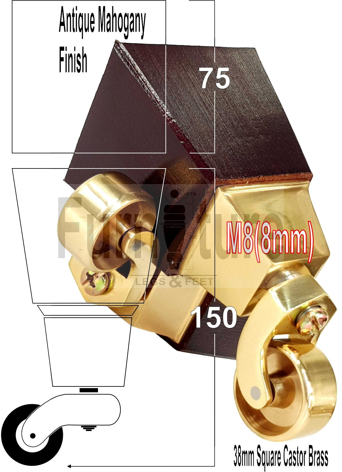 4x Block Wood Furniture Legs With Castor 8mm Thread For Chairs Settees Sofa 150mm High Mahogany