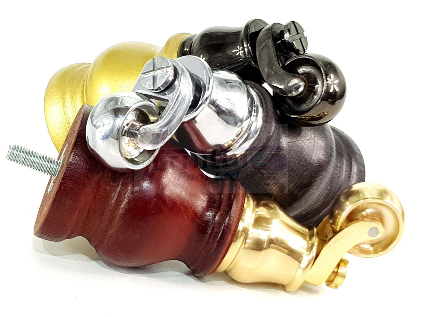 Set Of 4 Turned Wood Furniture Legs With Brass Castor 140mm High M8(8mm) For Chairs Settees & Cabinets