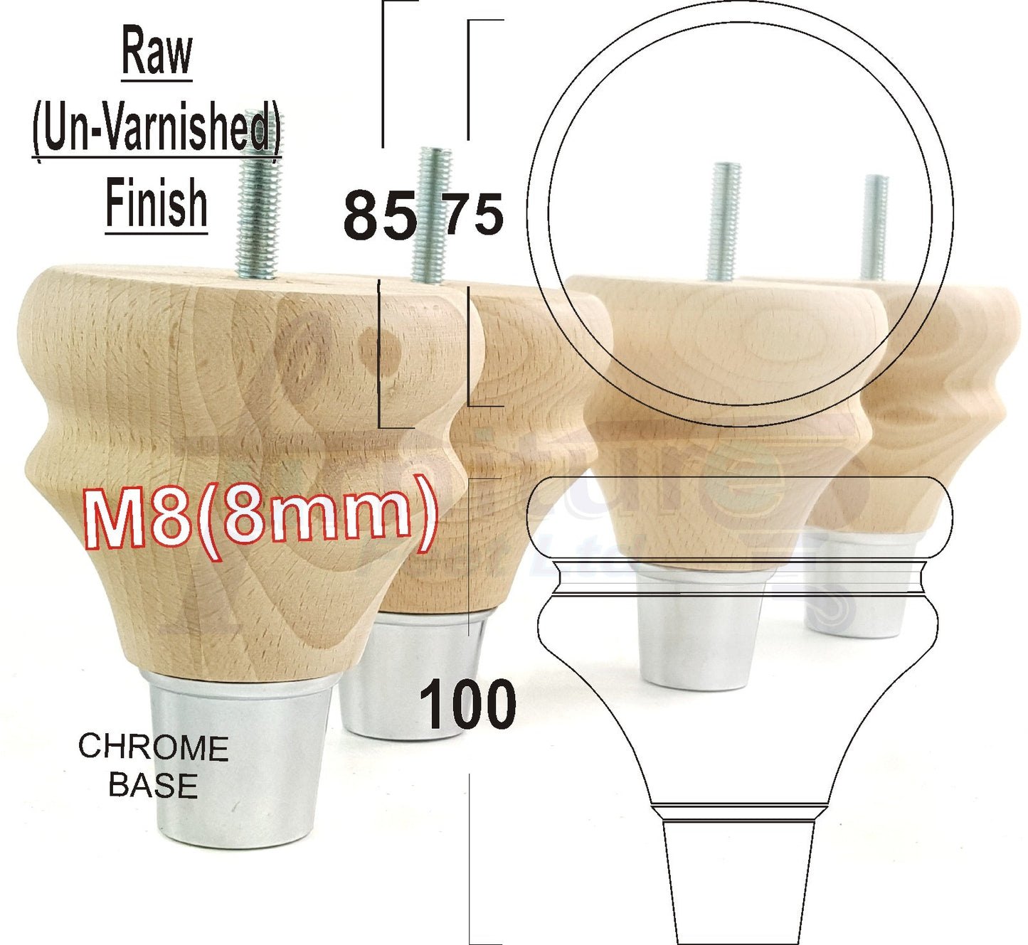 4x Turned Wood Furniture Feet M8(8mm) With A Chrome Slipper Cup Chair Sofa Settee Legs 100mm