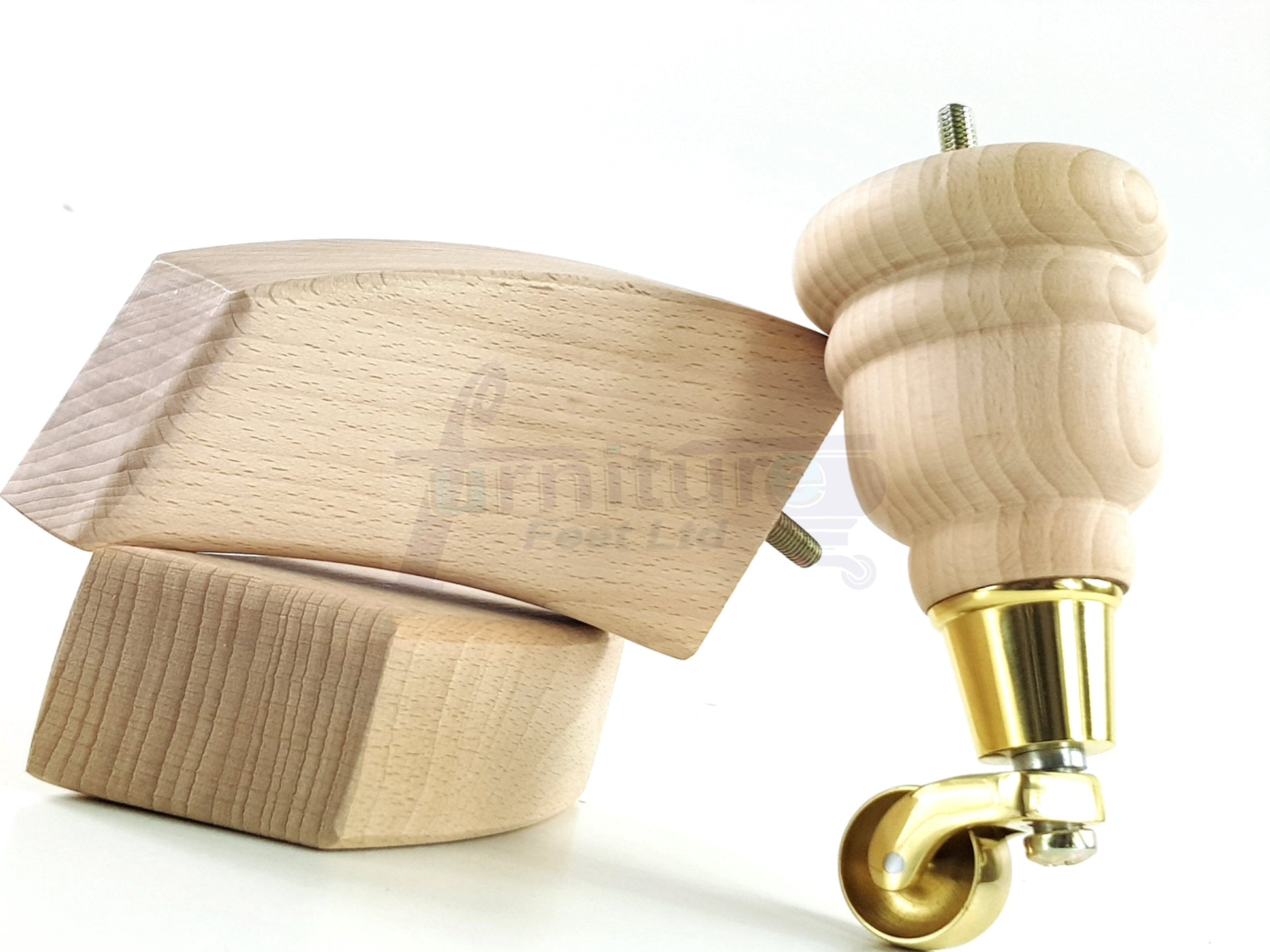 Natural Turned Wood Furniture Feet 2 With Castors 155mm and 2 Curved Back Legs Sofas Chairs Stools Cabinets Beds M8 6 Inches