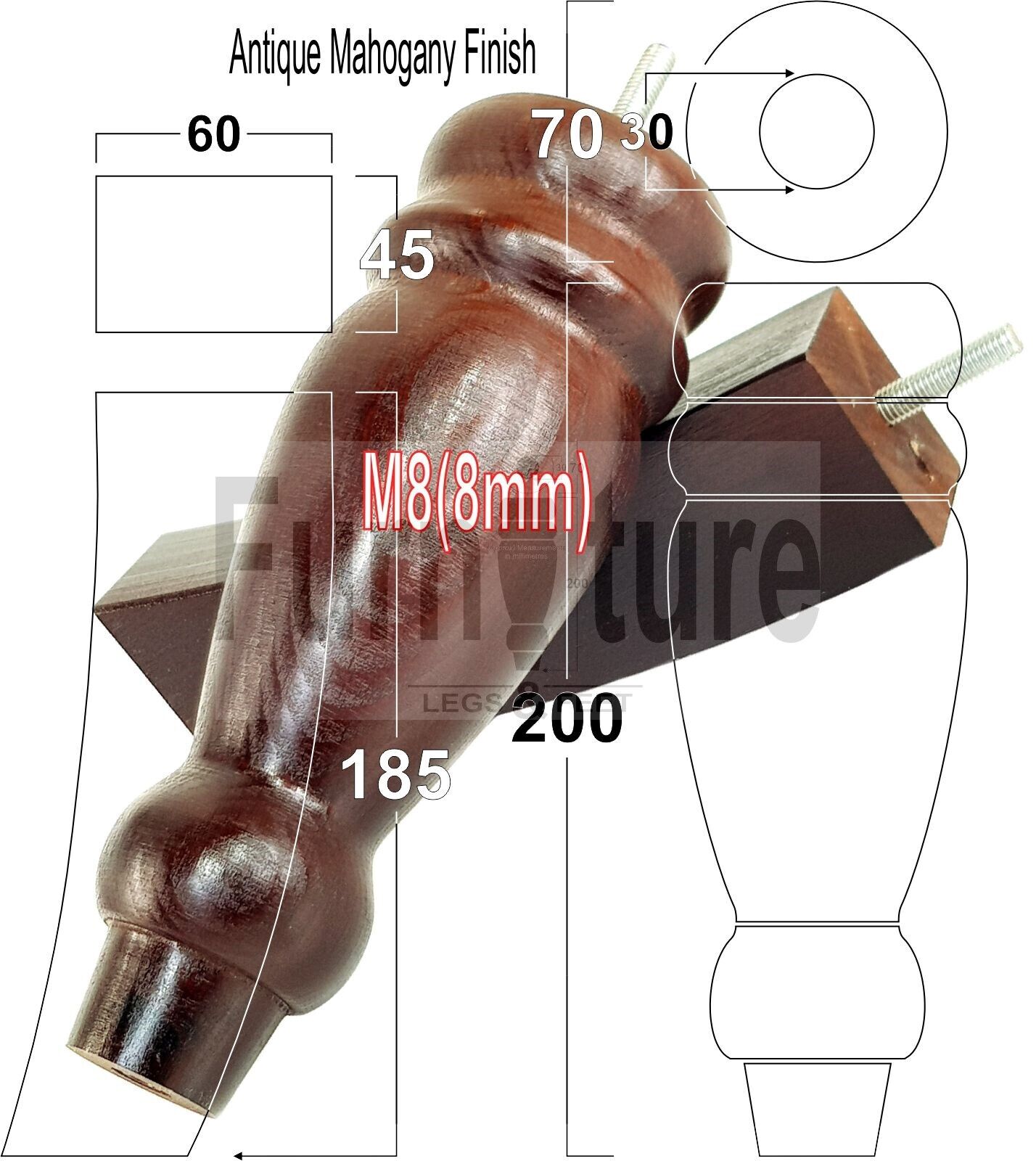 2 Traditional Turned Furniture Feet Replacement Sofa Legs 200mm & 2 Curved Back Legs 185mm for Chairs Stools Sofa Beds Settee Cabinets M8