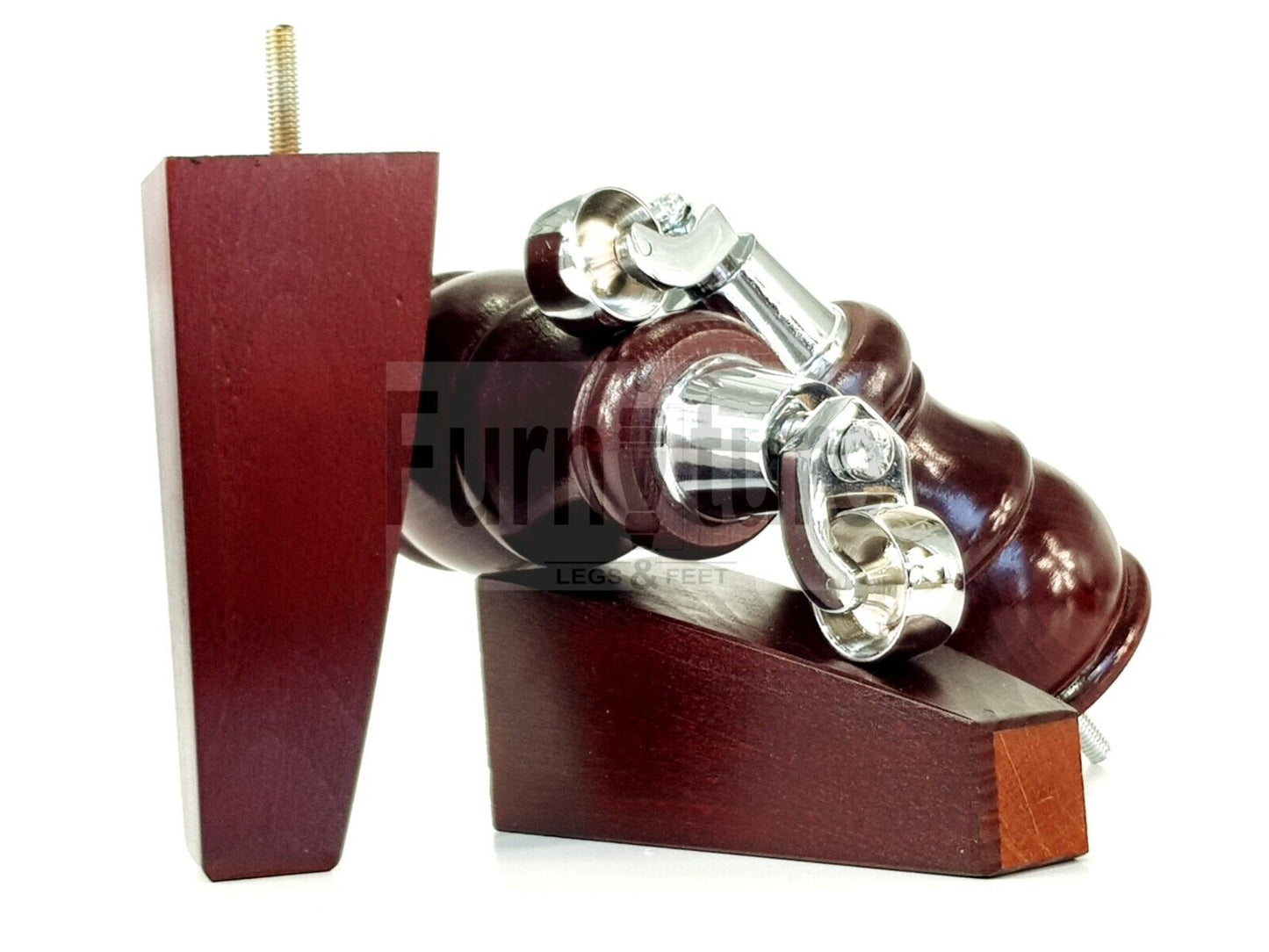 2 Wooden Castor Furniture Sofa Legs & 2 Curved Back Feet  Mahogany M8 Chair Settee Feet 160mm High