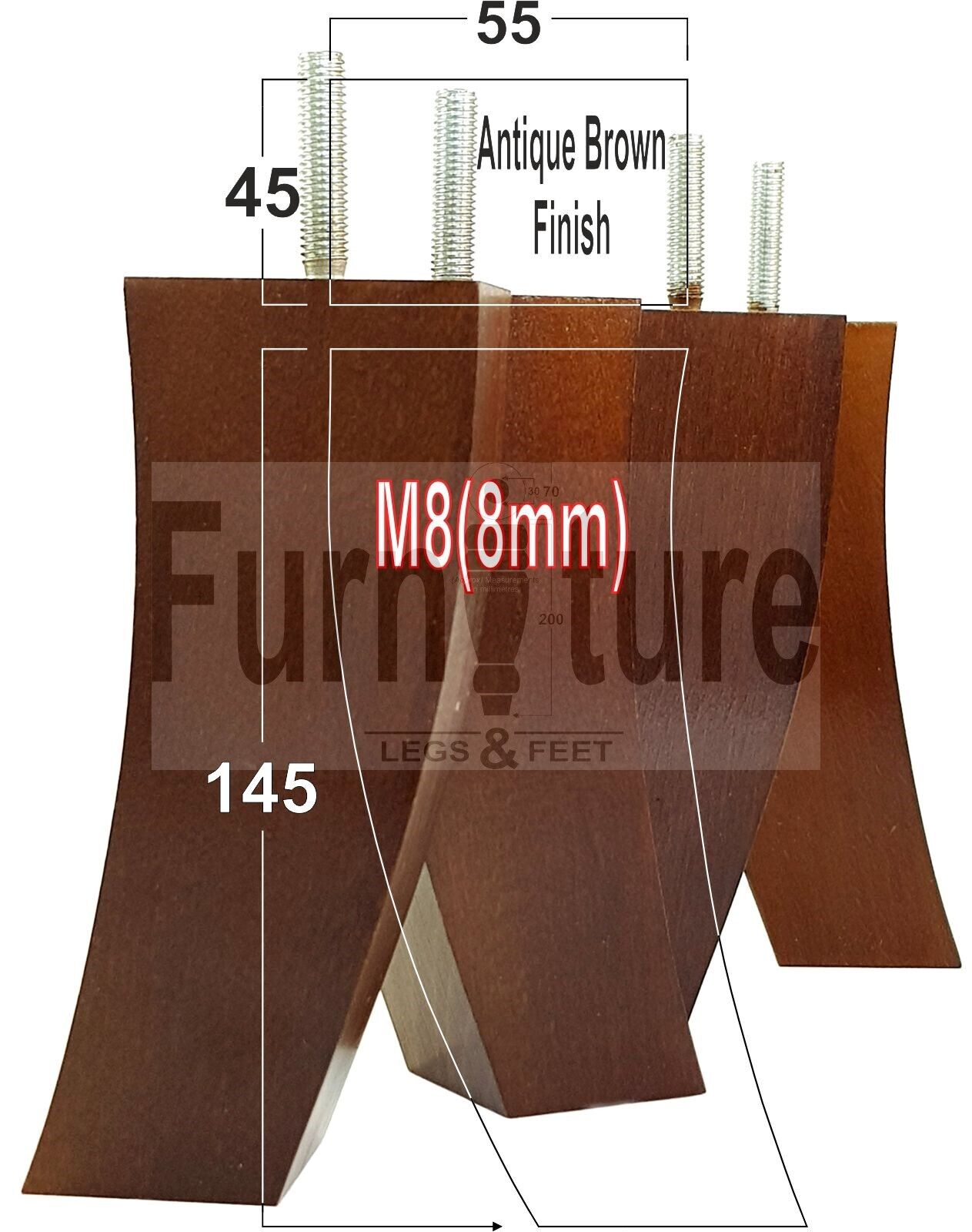 Set Of 4 Solid Wood Curved Furniture Feet Replacement Legs 145mm High M8(8mm)