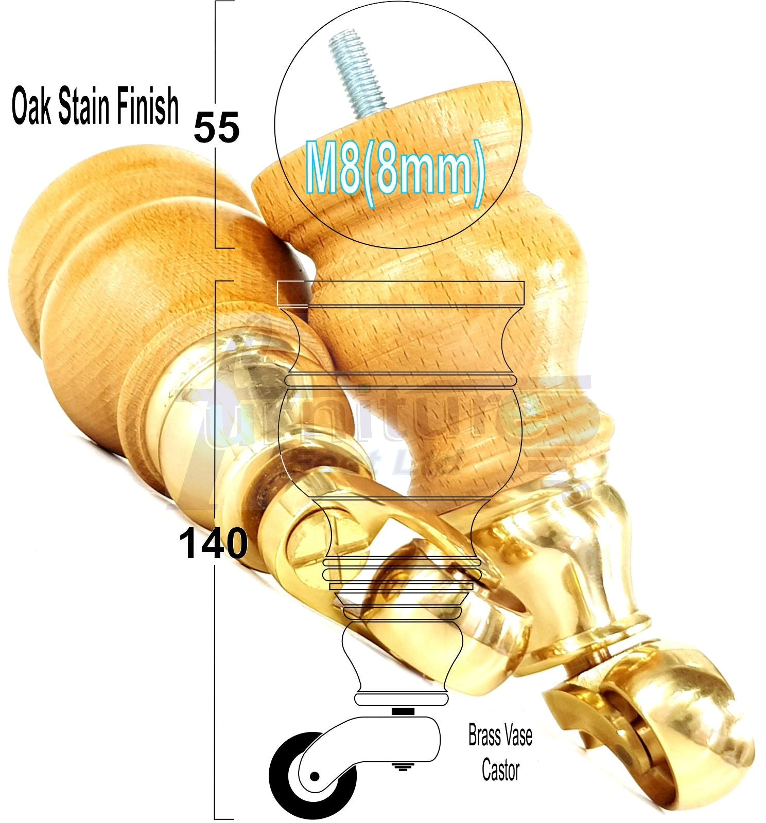 Set Of 4 Turned Wood Furniture Legs With 150mm High Castor 8mm Thread For Chairs Settees & Cabinets Oak Stain Finish