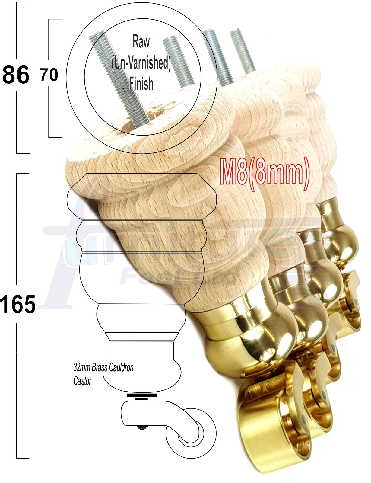 4 Turned Wood Furniture Feet With Brass Cauldron Castors 160mm Legs Sofas Chairs Stools Cabinets Beds M8 6 Inches