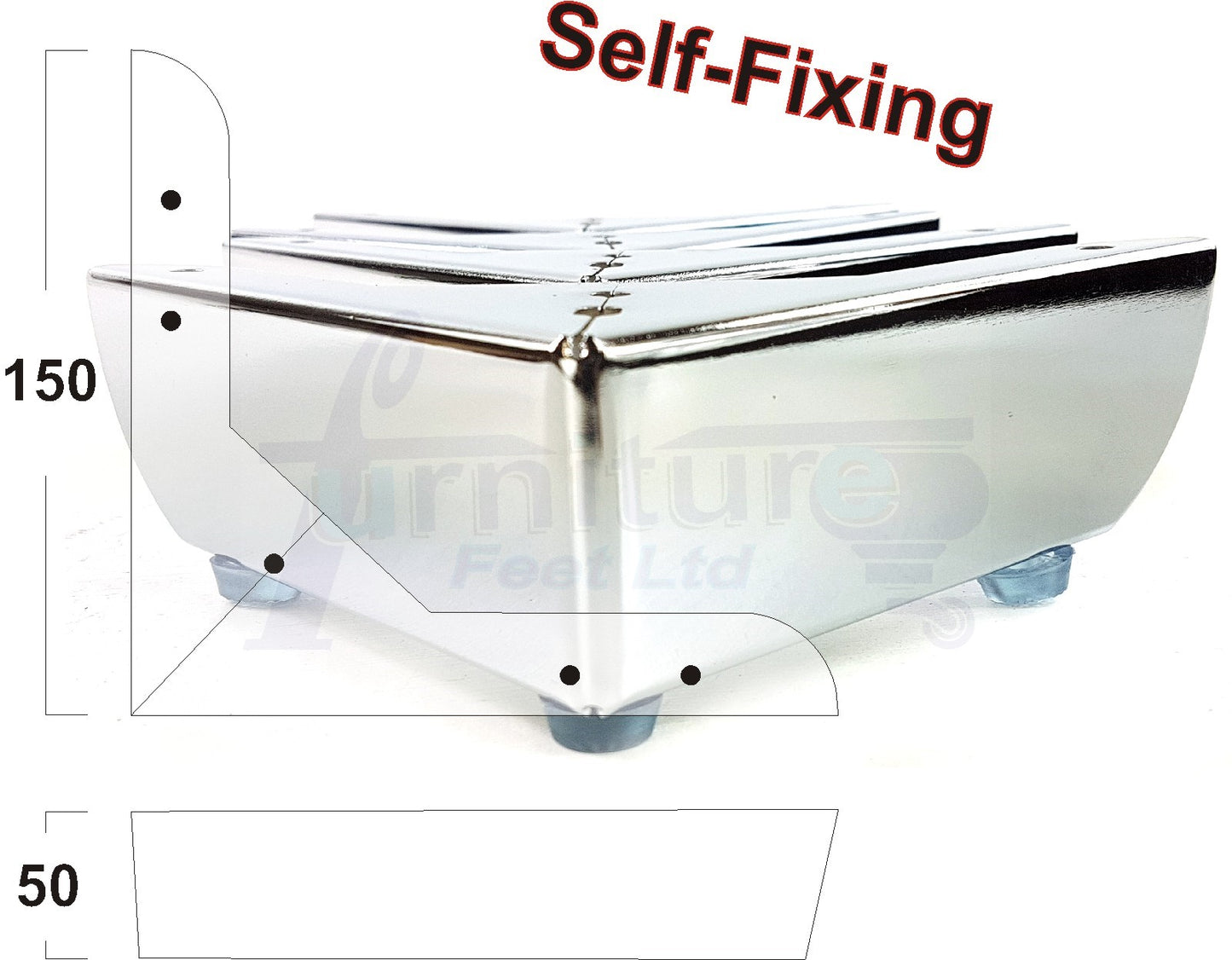 Metal Furniture Feet Chrome Replacement Corner Leg 50mm High Sofa Chairs Stools Beds Cabinets Pre-Drilled