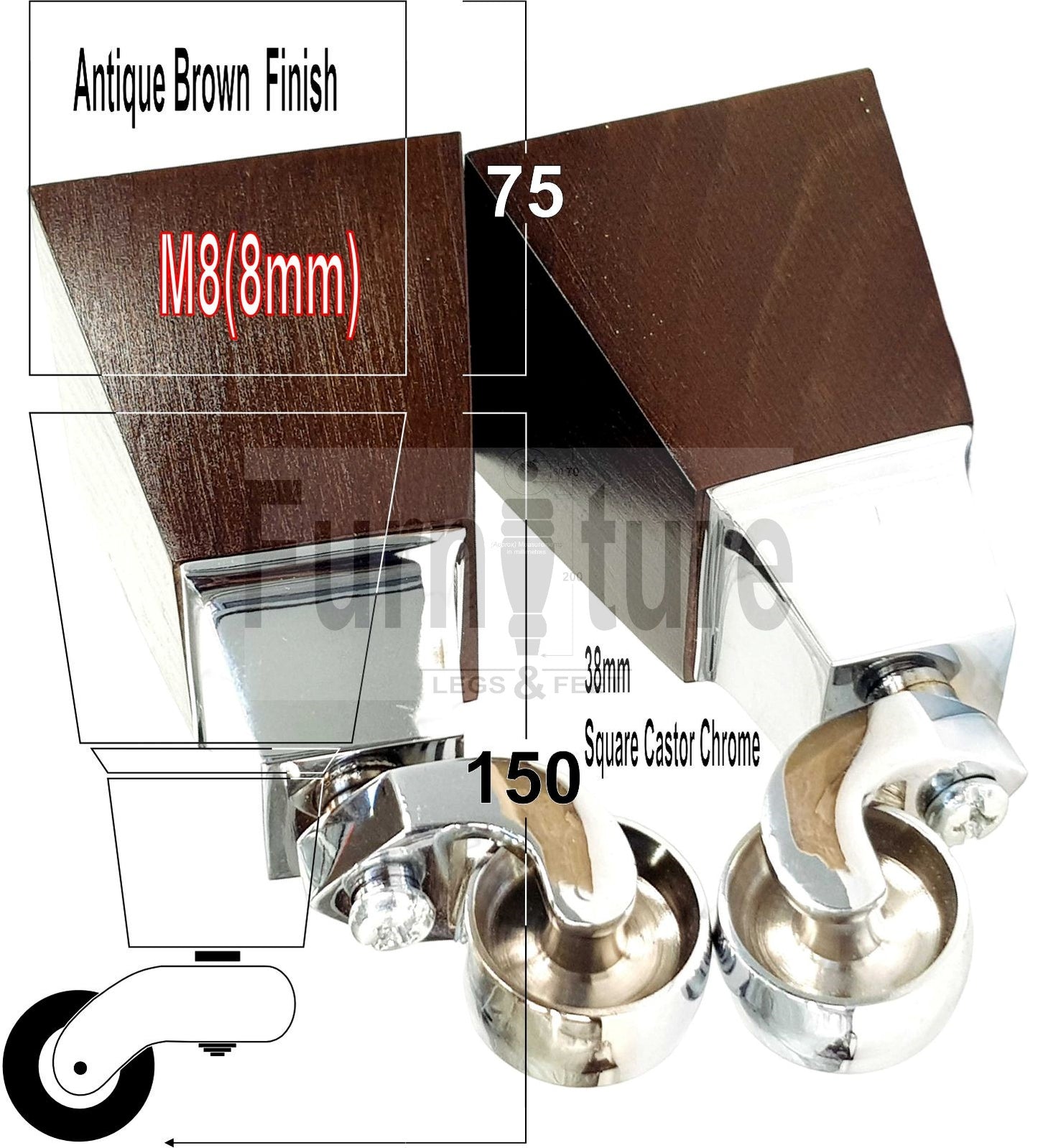 4x Block Wood Furniture Legs With Castor 8mm Thread For Chairs Settees Sofa 150mm High