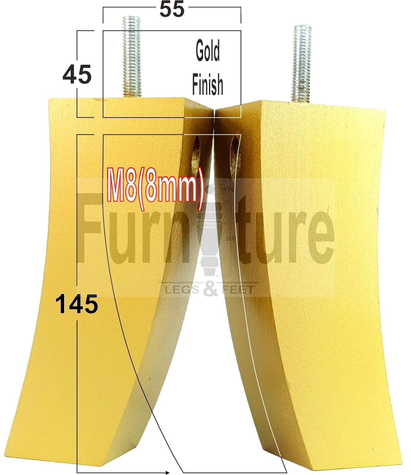 Set Of 4 Solid Wood Curved Furniture Feet Replacement Legs 145mm High M8(8mm)