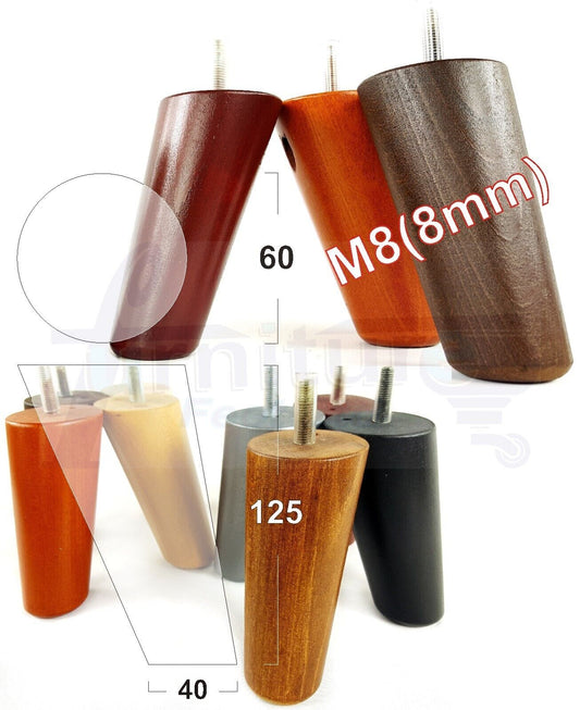 4 Solid Wood Turned Furniture Feet Replacement Mid Centry Angled Retro Legs 125mm High M8 Sofa Chairs Stools Cabinets Beds
