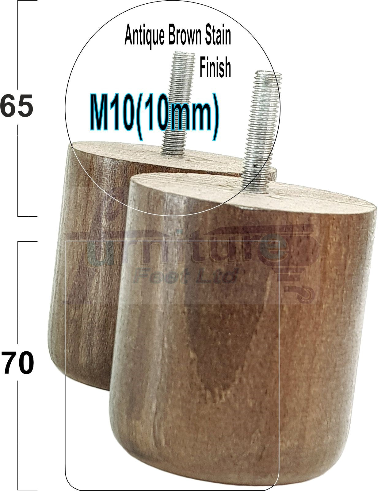 4x Solid Wood Turned Furniture Legs Replacement Bun Feet 70mm High 10mm Thread