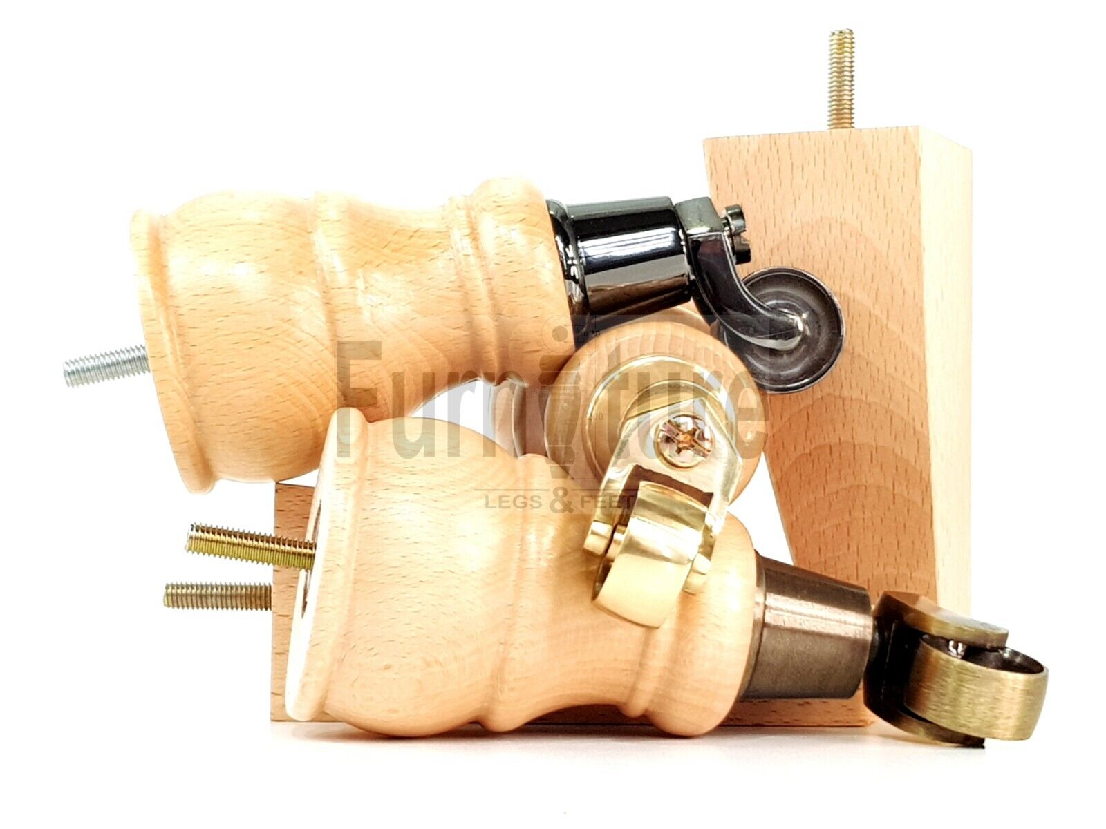 2 Wooden Castor Furniture Sofa Legs & 2 Curved Back Feet  Natural M8 Chair Settee Feet 160mm High