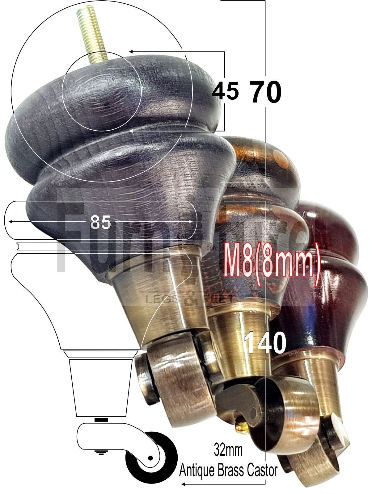 4x Turned Furniture Wood Feet With Antique Brass Castors 140mm Sofas Chairs Settee Cabinets Beds M8(8mm)