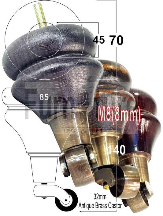 4x Turned Furniture Wood Feet With Antique Brass Castors 140mm Sofas Chairs Settee Cabinets Beds M8(8mm)
