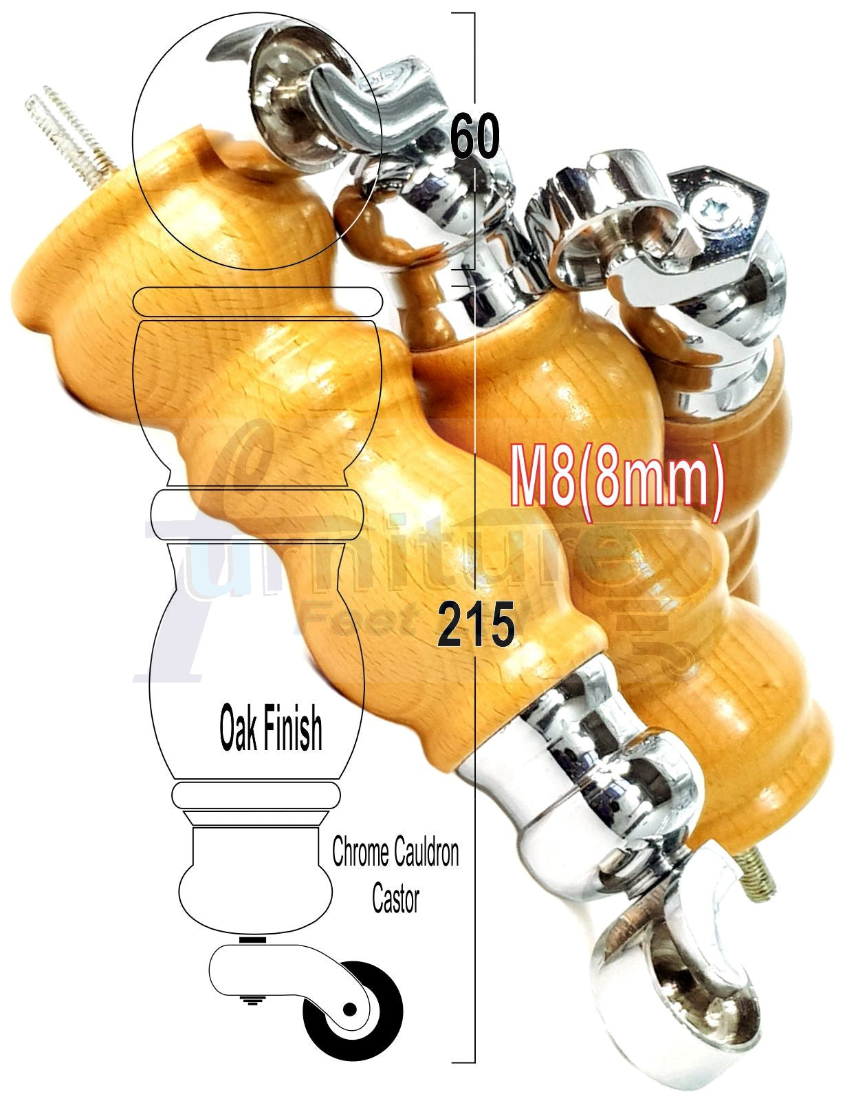 Solid Wood Furniture Feet With Castors Set of 4 Legs 205mm High For Sofas Chairs Stools Cabinets & Beds M8