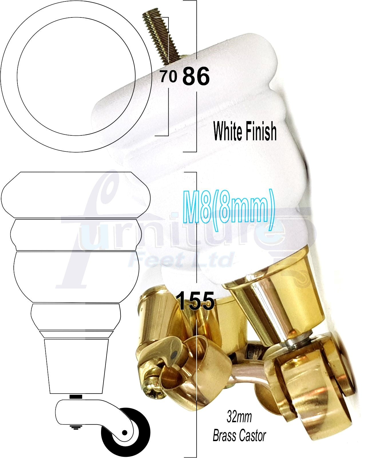 4 Turned Wood Furniture Feet With Brass Castors 155mm Legs Sofas Chairs Stools Cabinets Beds M8 6 Inches