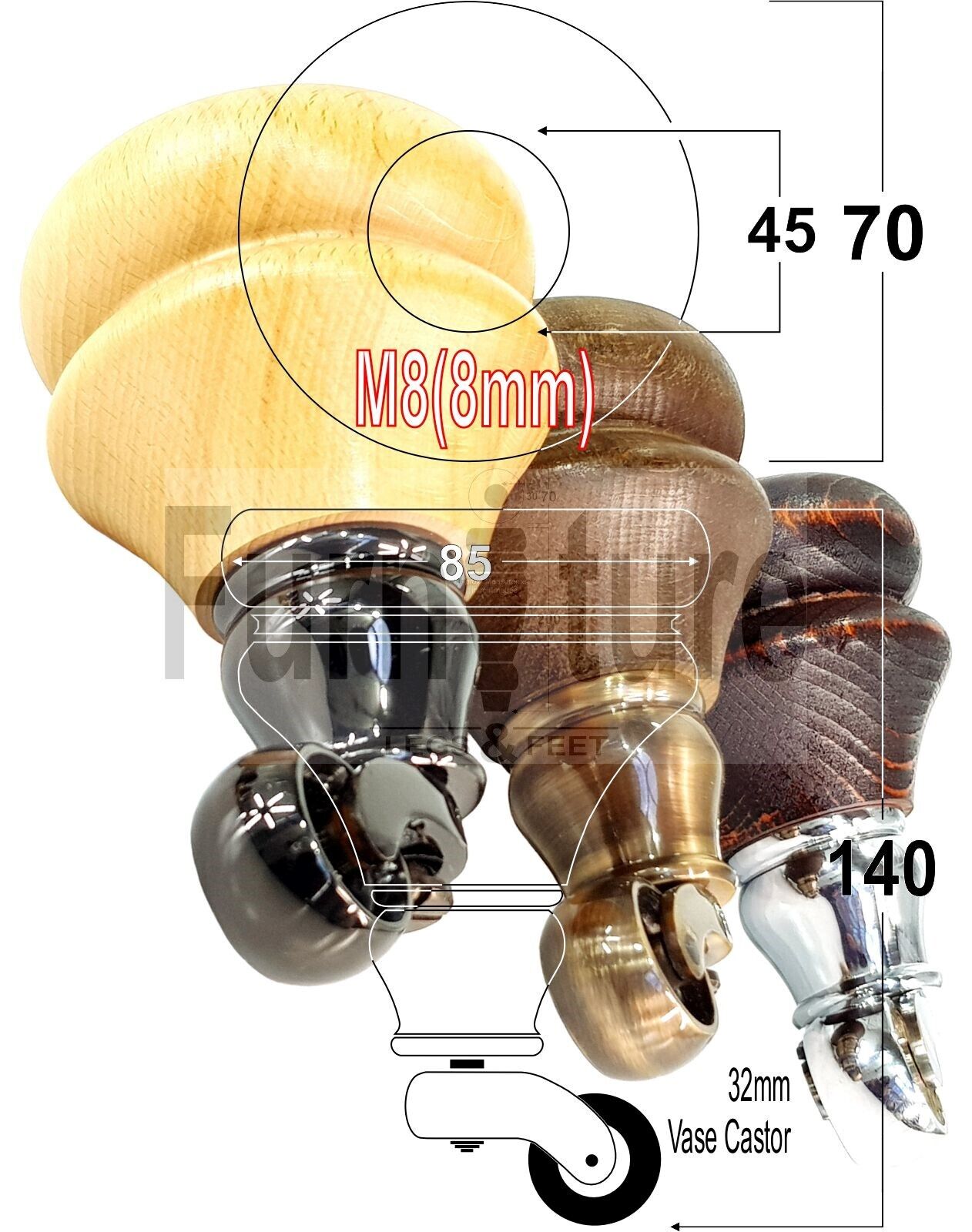 Set Of 4 Turned Furniture Wood Feet With Brass Castors 140mm Sofas Chairs Settee Cabinets Beds M8(8mm)