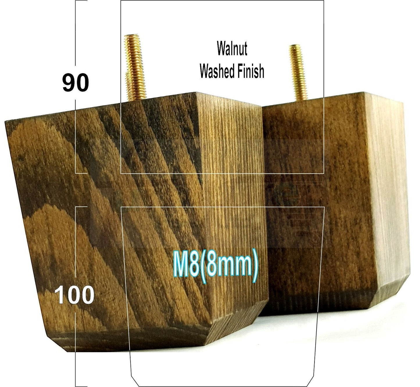 4x Solid Wood Square Furniture Legs Block Replacement Feet 100mm M8(8mm)