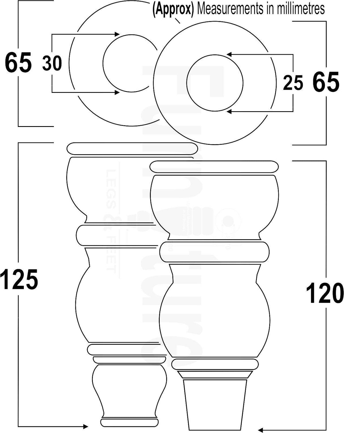 Turned Solid Beech Wood Furniture Legs and Slipper Cup Set of 4 Furniture Replacement Feet 125mm High 8mm Threaded Dowl Fixing