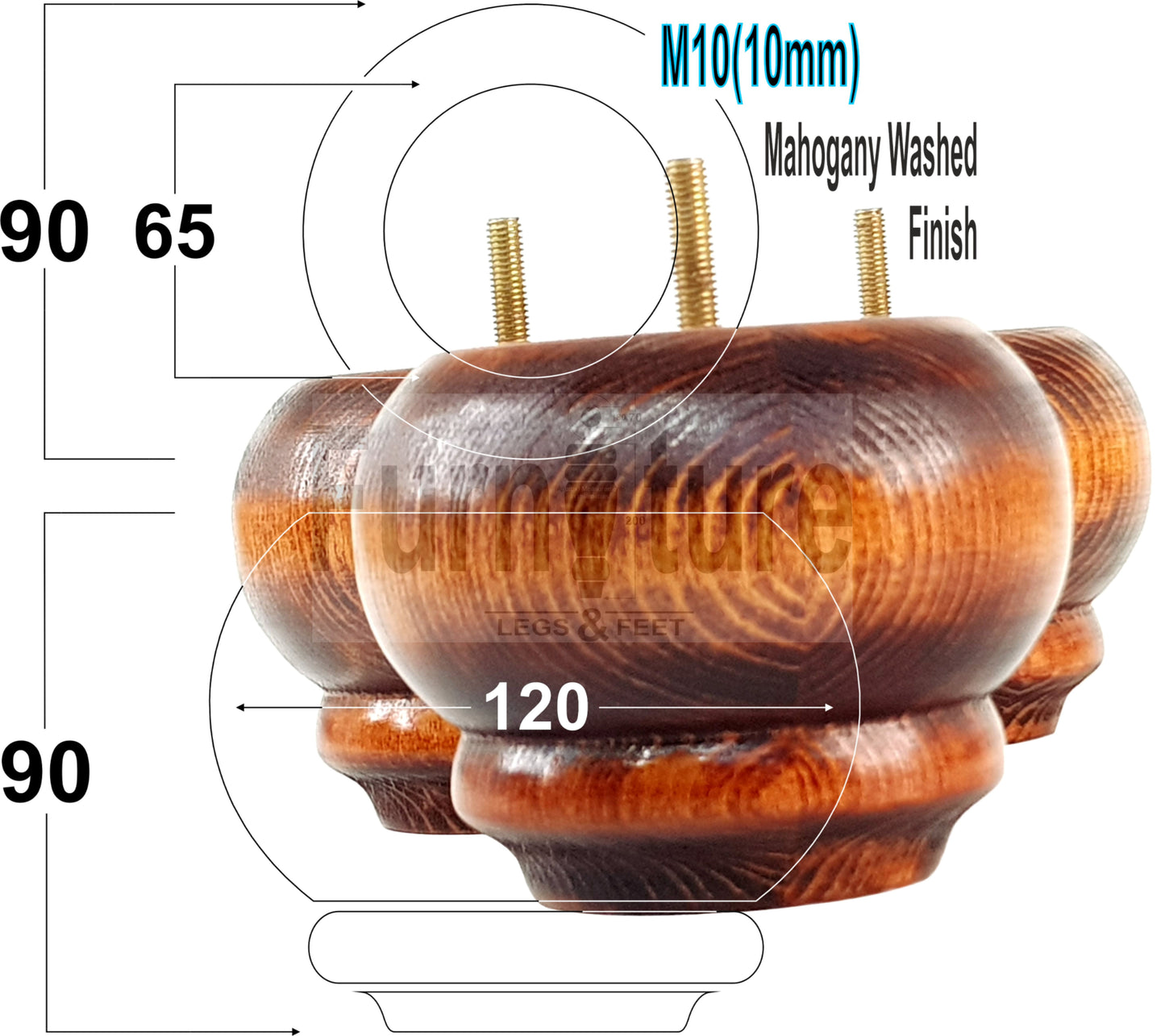  4 Turned Wooden Furniture Legs Replacement Feet 50mm High 10mm Thread For Settees, Chairs