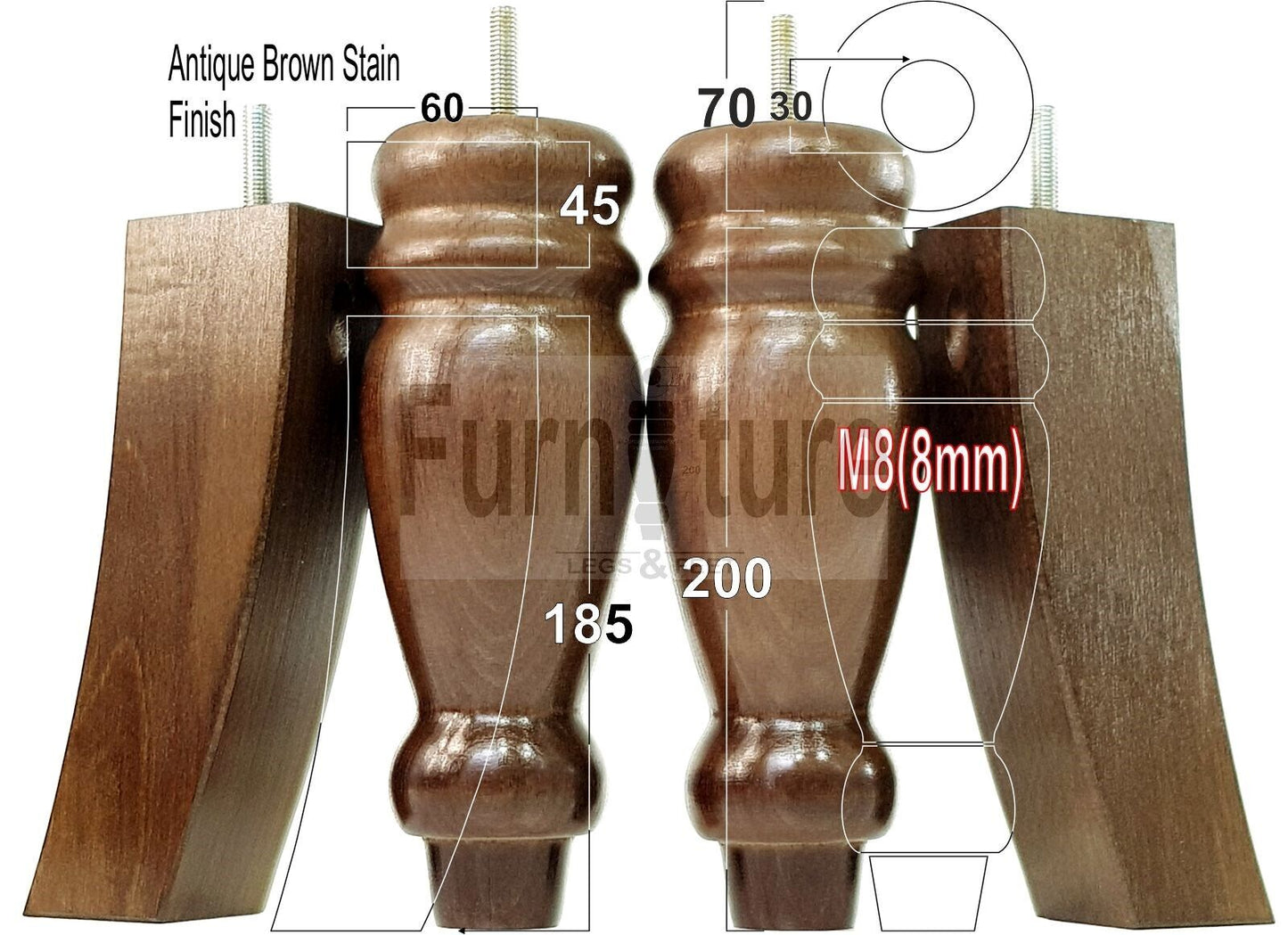 2 Traditional Turned Furniture Feet Replacement Sofa Legs 200mm & 2 Curved Back Legs 185mm for Chairs Stools Sofa Beds Settee Cabinets M8
