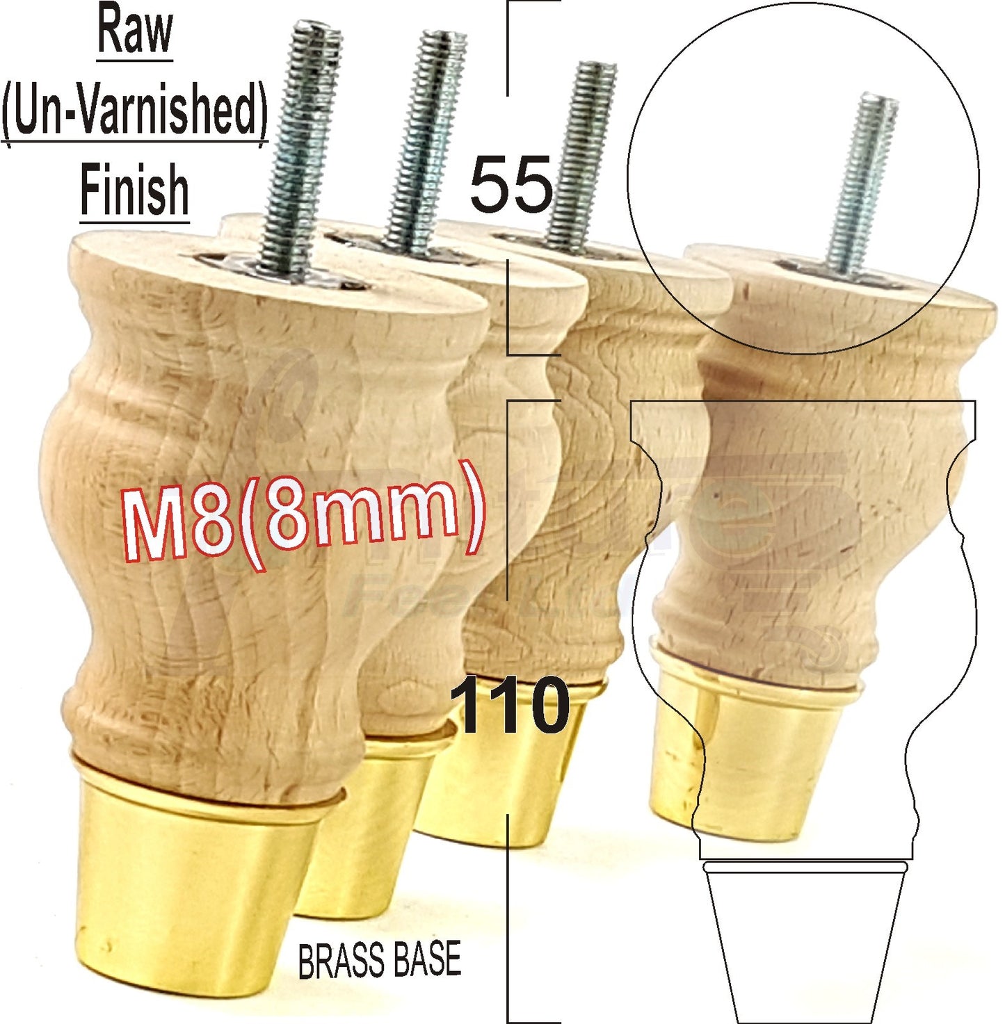 4x Turned Wood Furniture Feet With Slipper Cup M8 Chair Sofa Settee Legs 110mm