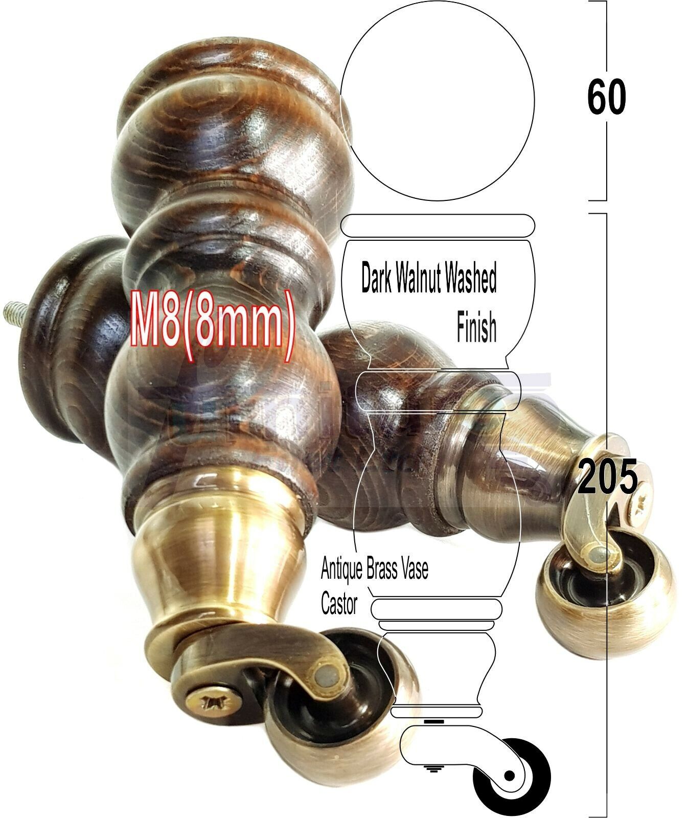 4x Furniture Feet With Castor 205mm High Legs Walnut Wood Finish M8 Sofas Chairs Stools Cabinets 8 Inches Tall