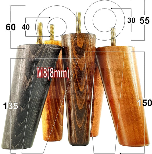 4 Solid Wood Turned Furniture Feet Replacement Mid Centry 2 Angled Retro Legs 135mm High 2 Straight At 150mm M8 Sofa Chairs Stools Cabinets Beds