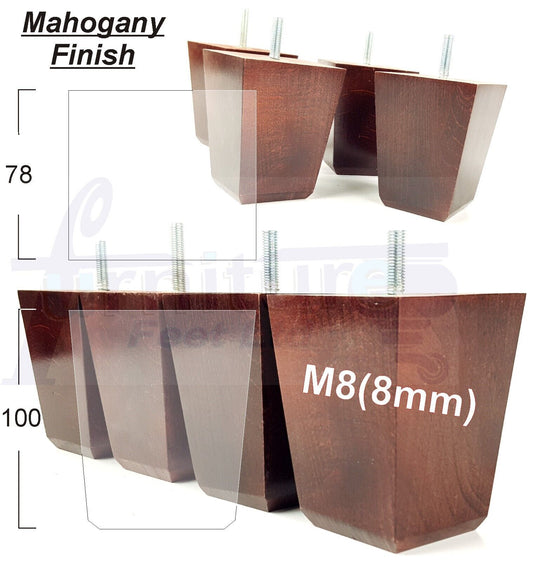Set Of 4 Square Block Solid Wood Furniture Feet Replacement Legs 100mm High M8(8mm)