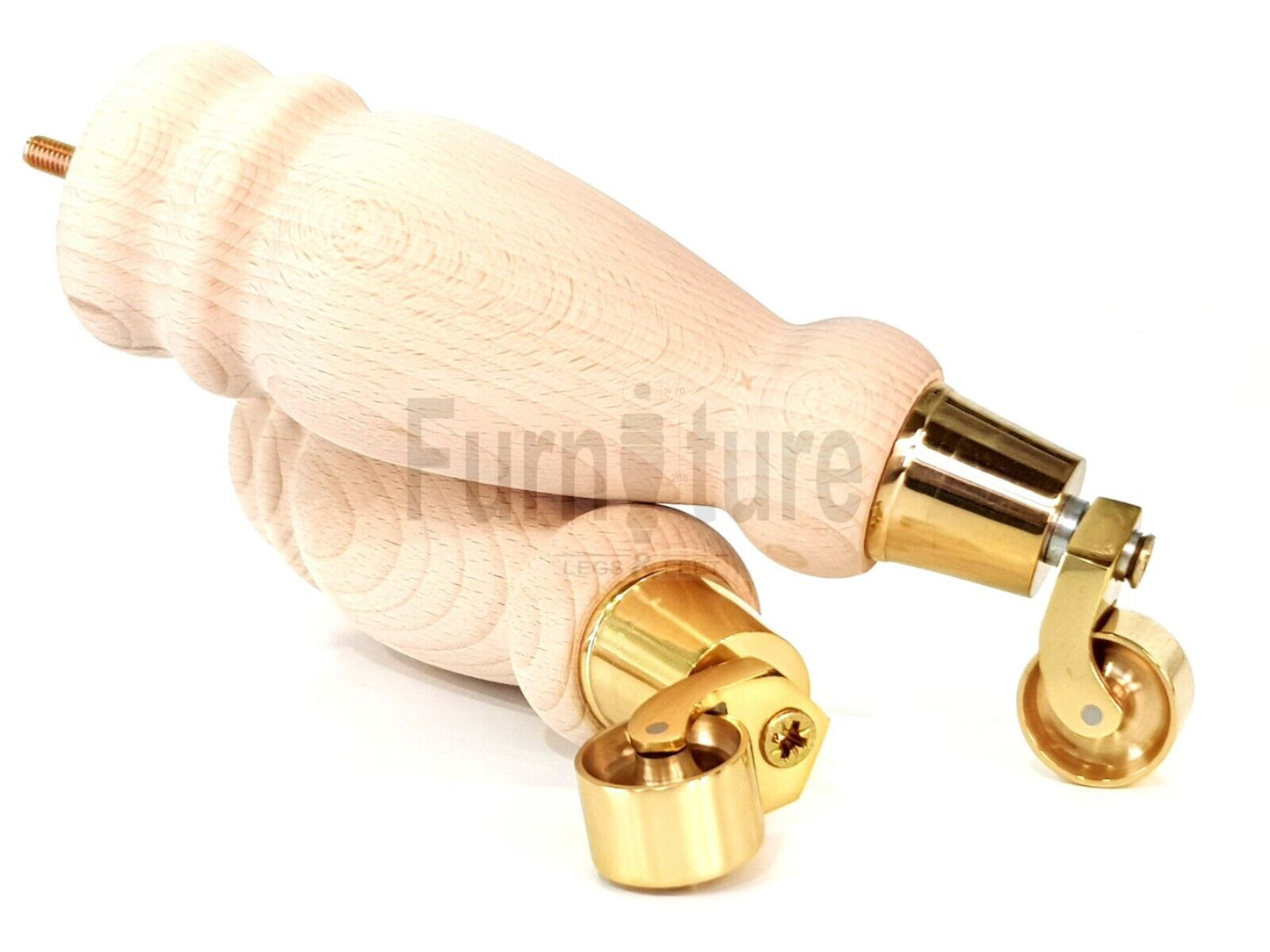 Set Of 4 Wooden Turned Replacement Furniture Legs 250mm High With Brass Castor Wheels 8mm Thread