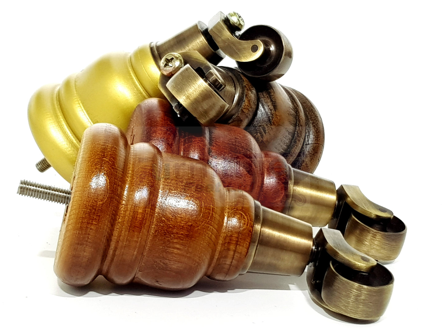 4 Turned Wood Furniture Feet With Antique Brass Castors 155mm Legs Sofas Chairs Stools Cabinets Beds M8 6 Inches