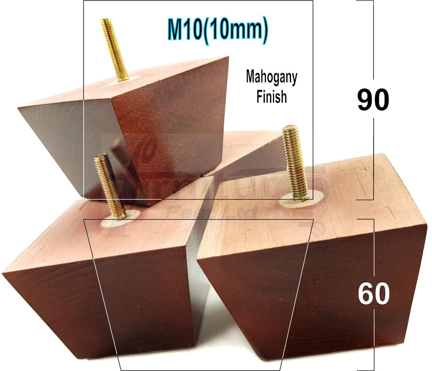 4x Square Wood Sofa Legs 60mm High Replacement Furniture Feet Chairs Cabinets M10 Thread