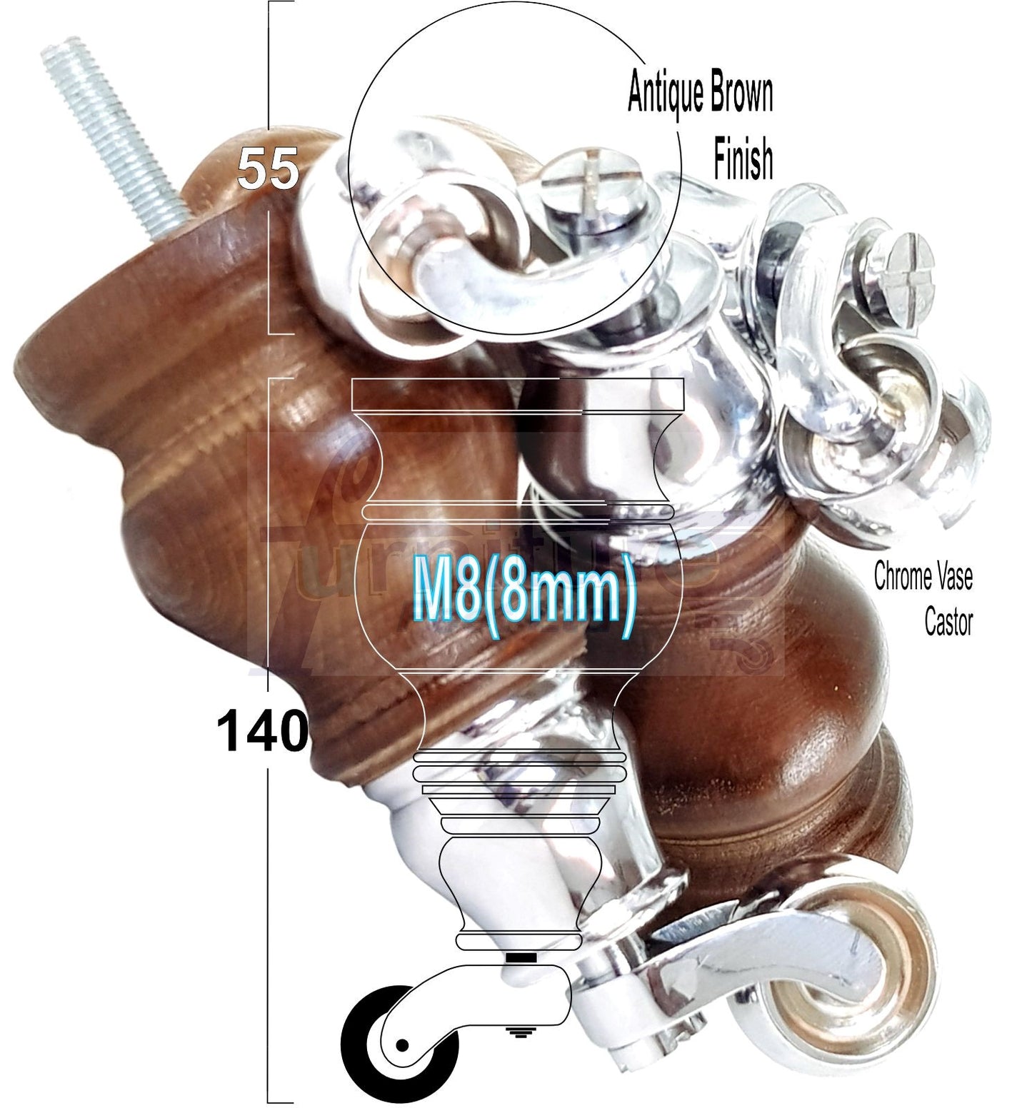 Set Of 4 Turned Wood Furniture Legs With 140mm High Castor 8mm Thread For Chairs Settees & Cabinets Antique Brown
