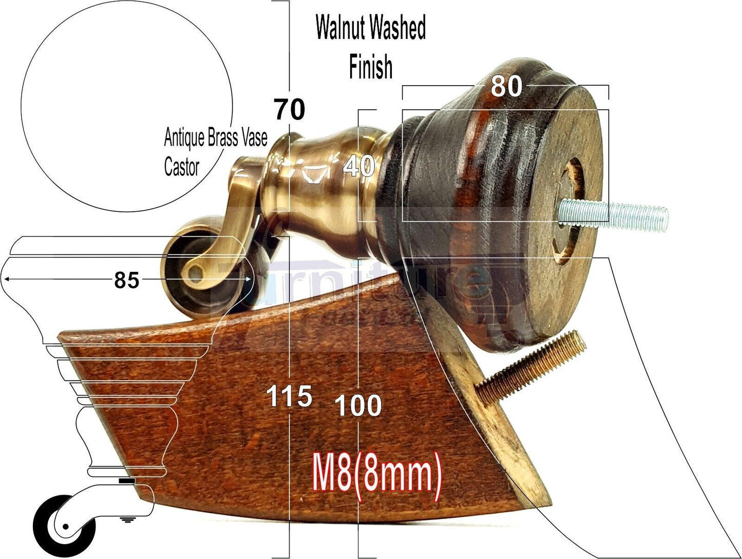 2 Dark Walnut Washed Wood Furniture Sofa Feet With Castor 125mm & 2 Curved Legs Chair Settee 100mm High M8