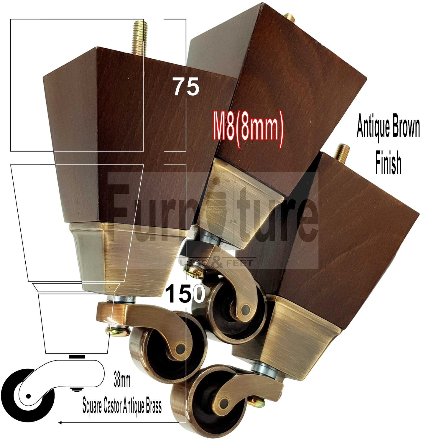 4x Block Wood Furniture Legs With Castor 8mm Thread For Chairs Settees Sofa 150mm High