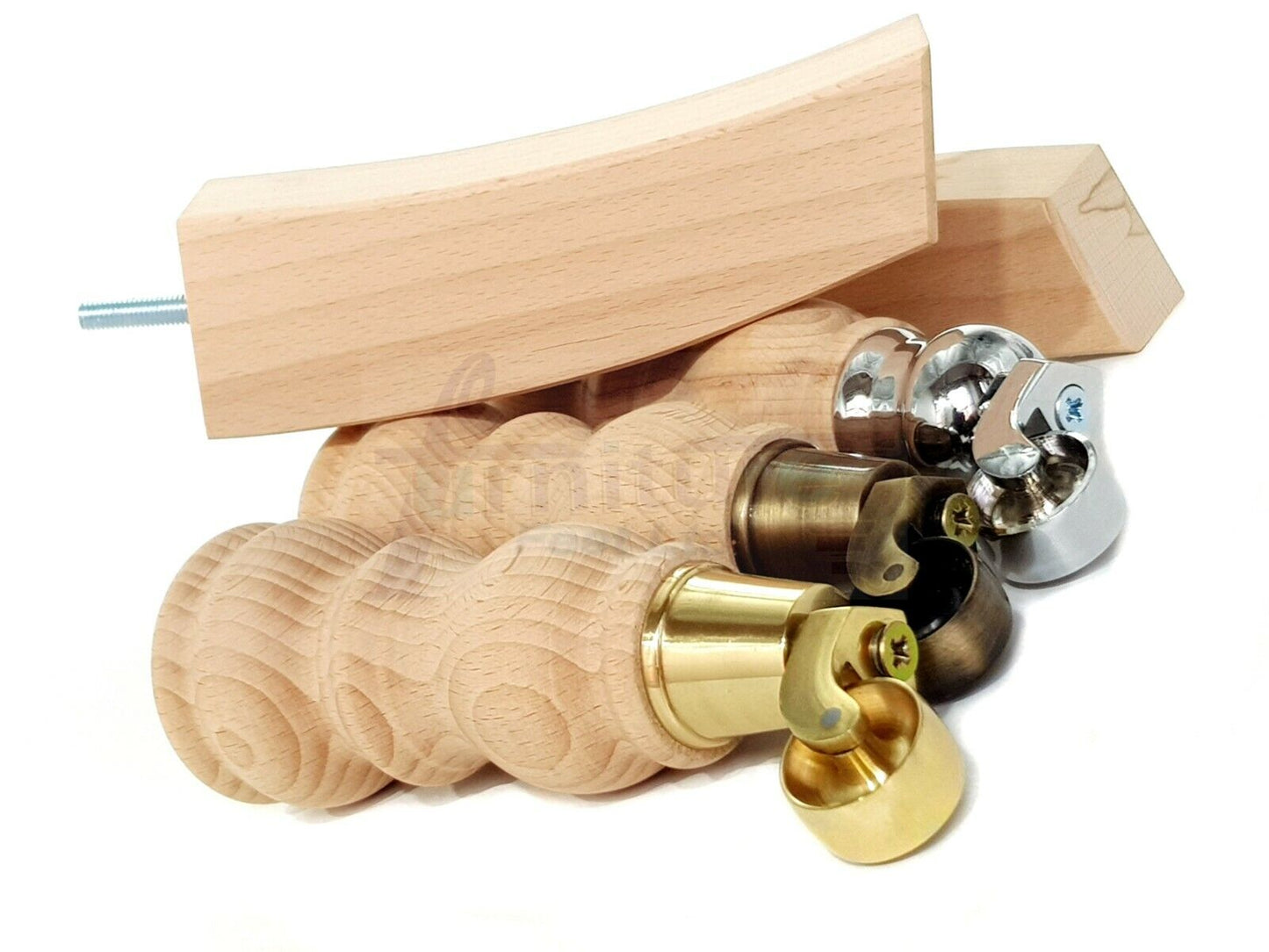 2x Wood Furniture Castor Settee Feet & 2x Curved Legs 8mm Thread 205mm High Raw (Un-Varnished) For Sofas Chairs Stools Cabinets & Beds