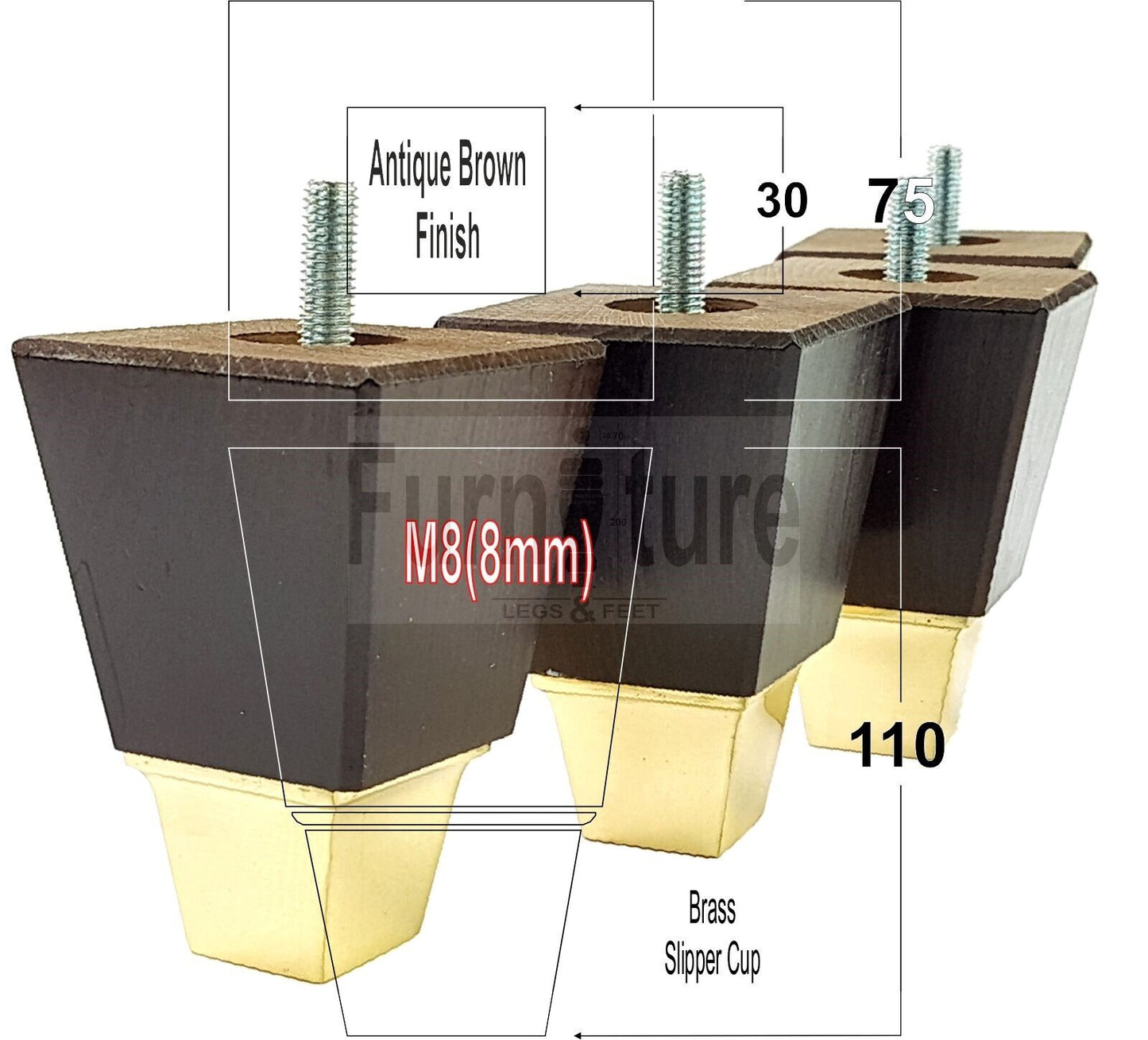 4x Block Wood With A Brass Slipper Cup Furniture Chair Settee Legs M8 Sofa Feet 110mm