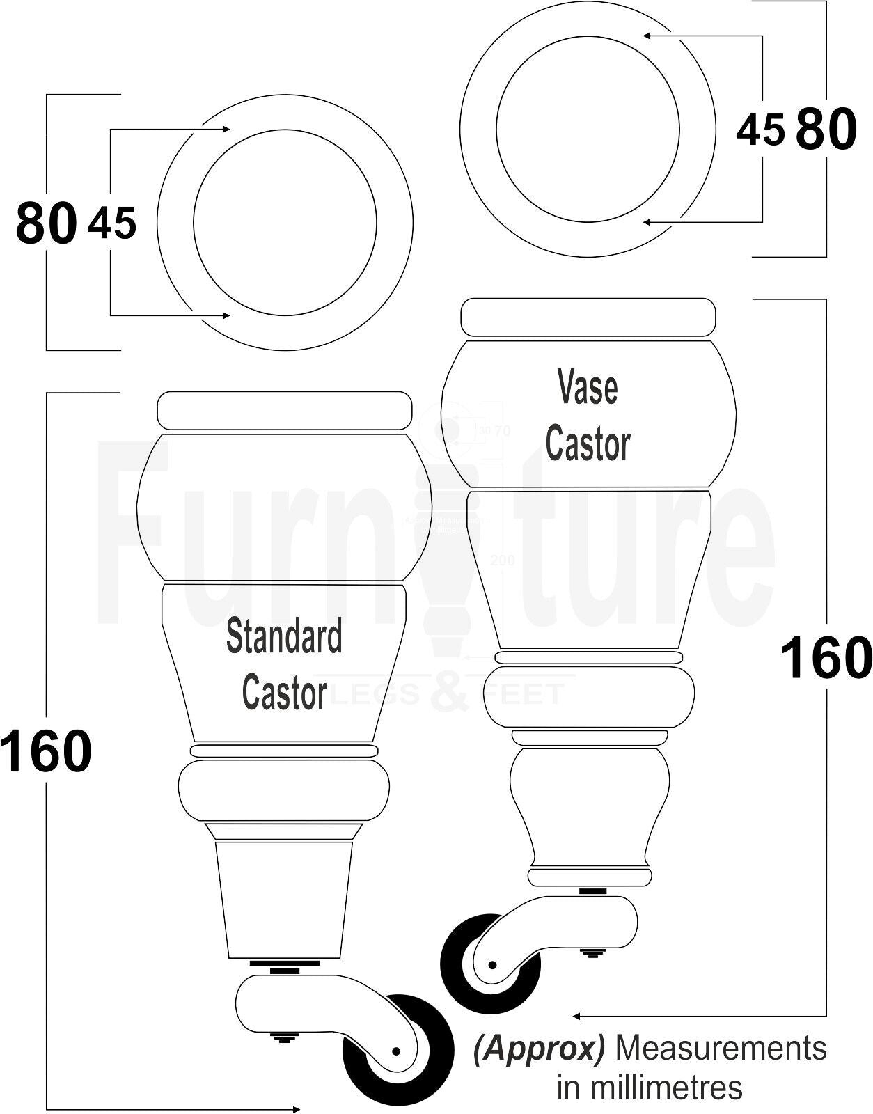 2 Wooden Castor Furniture Sofa Legs & 2 Curved Back Feet  Dark Oak Stain M8 Chair Settee Feet 160mm High