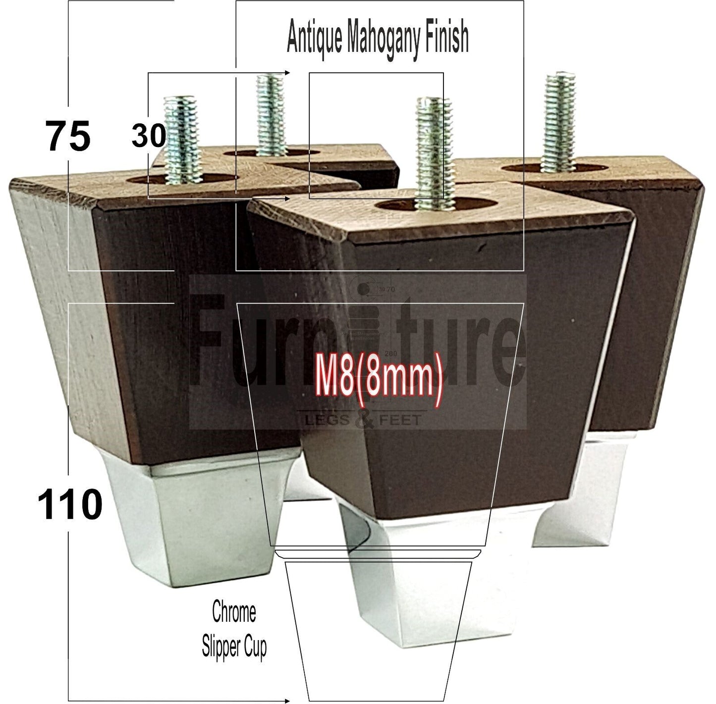 4x Block Wood With A Chrome Slipper Cup Furniture Chair Settee Legs M8 Sofa Feet 110mm