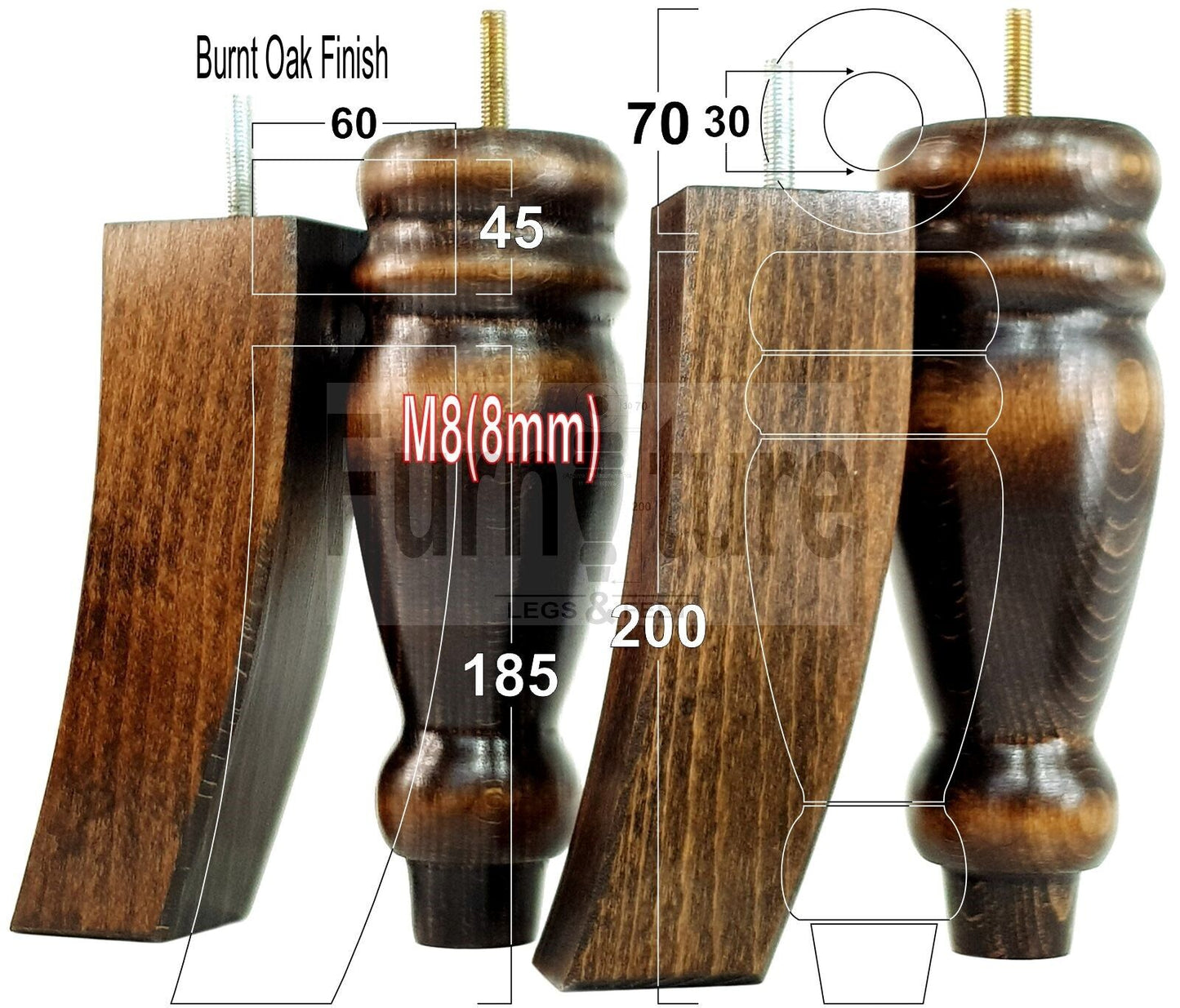 2 Traditional Turned Furniture Feet Replacement Sofa Legs 200mm & 2 Curved Back Legs 185mm for Chairs Stools Sofa Beds Settee Cabinets M8
