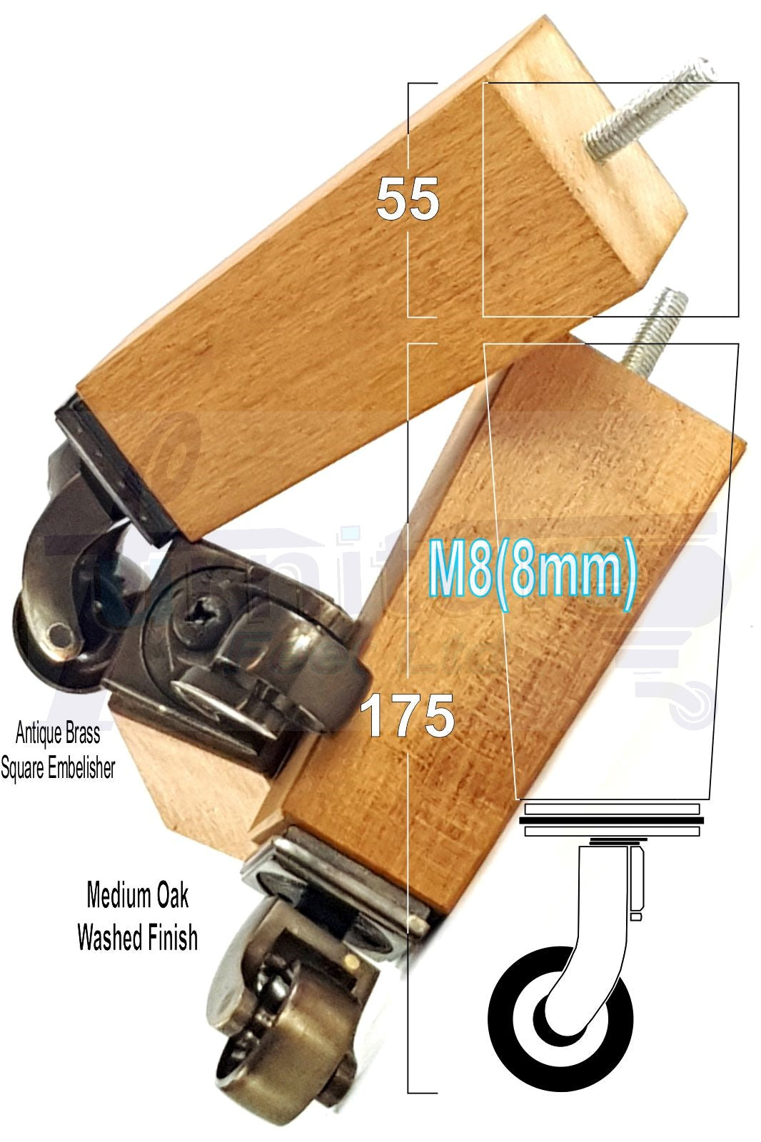4x Solid Wood Furniture Legs Chair Sofa Bed Replacement Feet 175mm High With Antique Castors 8mm Thread