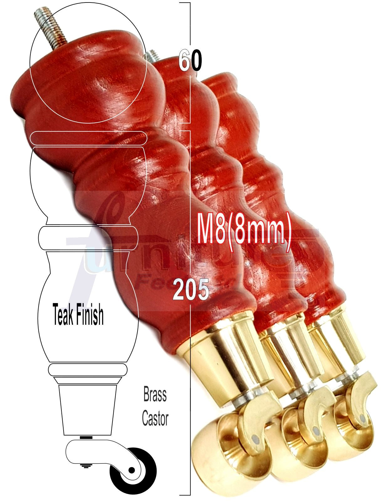 Solid Wood Furniture Feet With Castors Set of 4 Legs 205mm High For Sofas Chairs Stools Cabinets & Beds M8